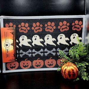 PB Paws Pet Mat Halloween Ghosts Cross Bones Paw Print Pumpkin Bowl Matt 13x19"L